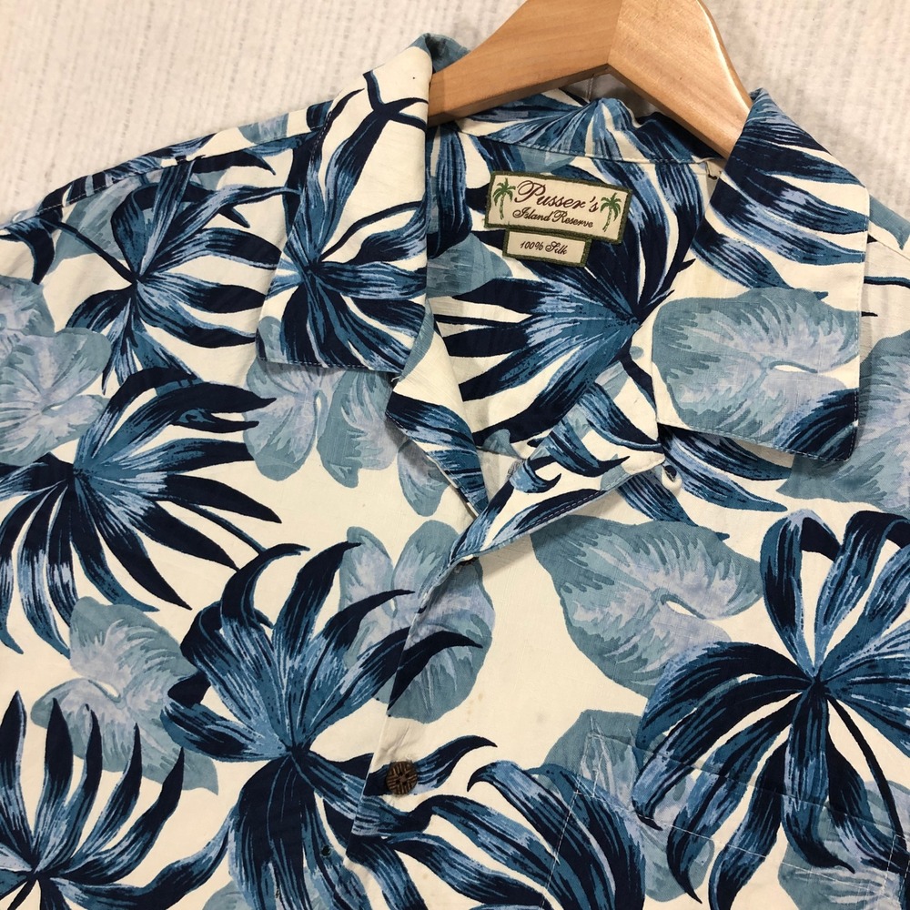 Pusser's Island Reserve Silk Hawaiian Shirt Tropical Floral Blue White‎